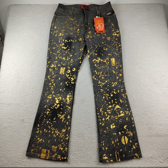 Blaze Denim - VTG Johnny Blaze Flame Flare Jeans Women's Size 13 W33 x L33 Gold Splatter Y2K